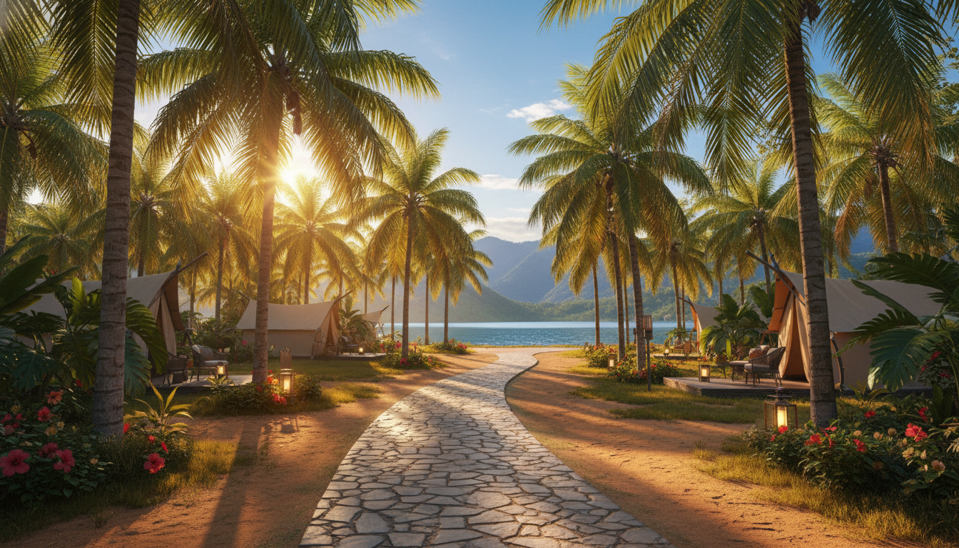 Campground path lined with palm trees