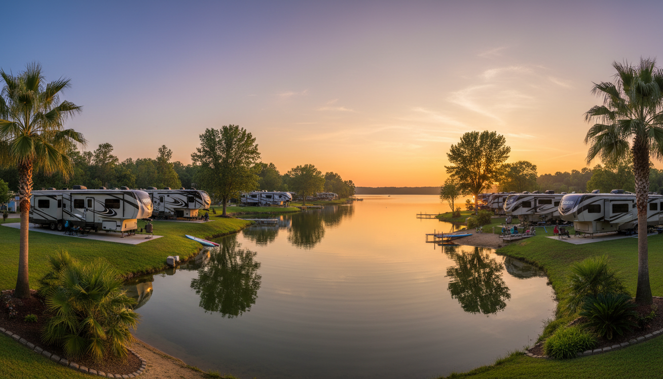 Paradise Island Campgrounds - Lakefront RV sites at sunset